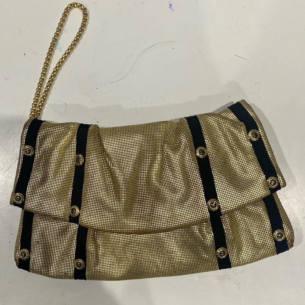 Henri Bendel Metallic Golden Black Stripped Wristle Party Clutch Hand Bag Y2K